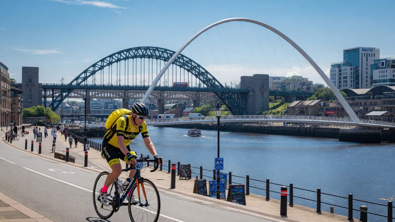 Cyclist on the Quayside in Newcastle upon Tyne